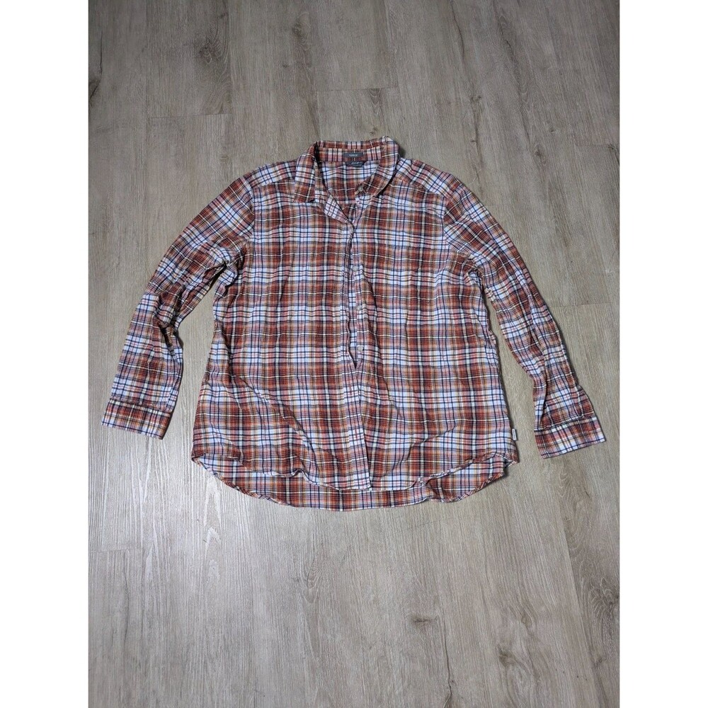 Eddie Bauer Classic Fit Plaid Button Front Shirt Womens XL Orange Blue Long